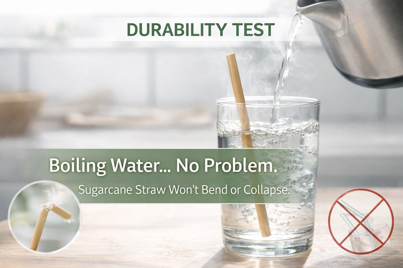 Sugarcane straw in a glass of boiling water with text about durability test.
