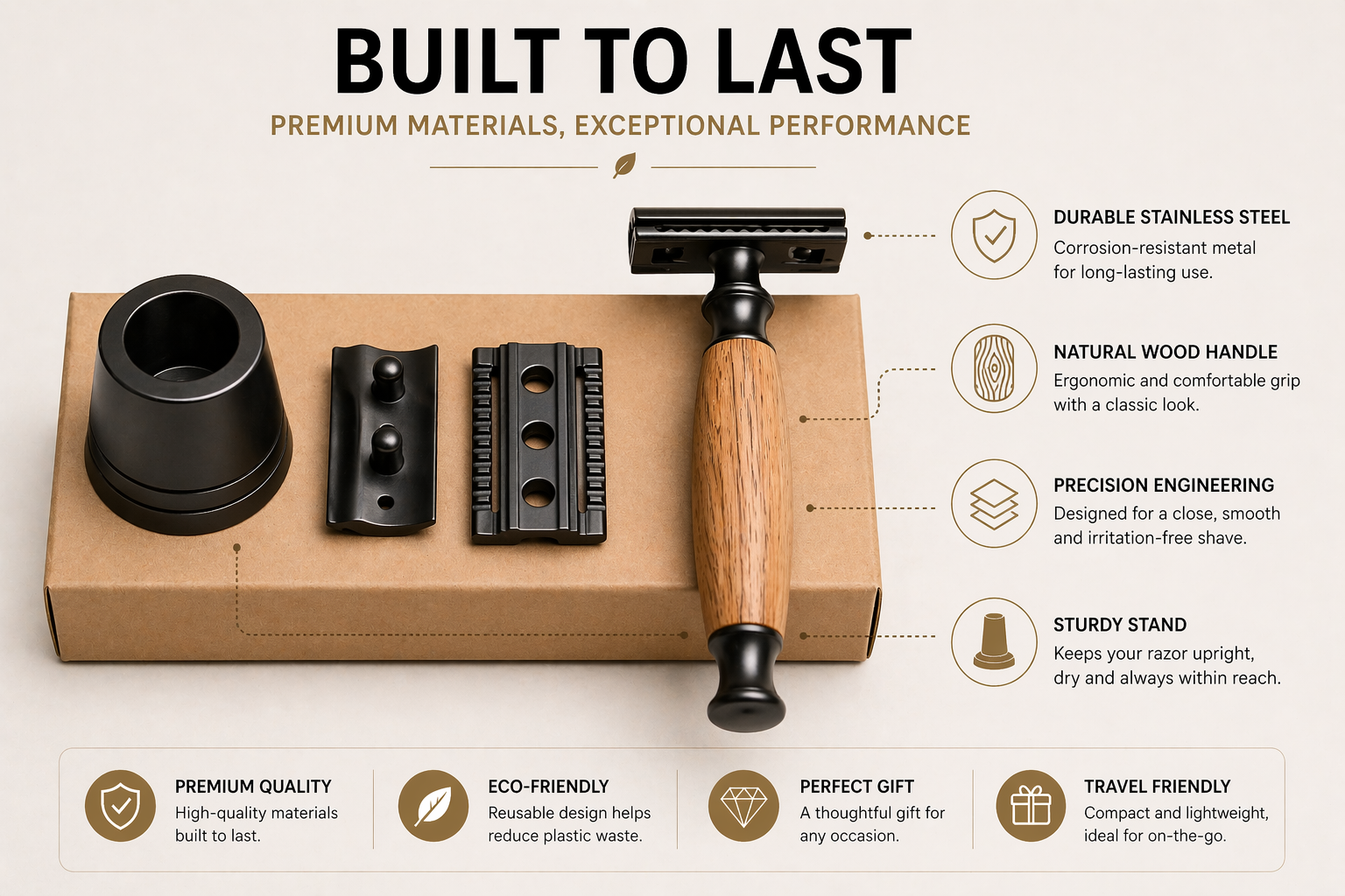 Shaving kit with wooden handle and black components on a beige background, featuring text about product features.