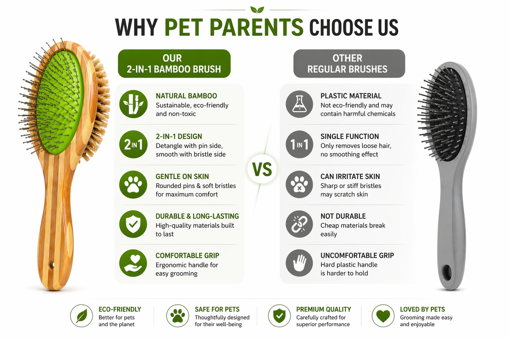 Comparison chart of a 2-in-1 bamboo pet brush versus other regular brushes, highlighting features and benefits.
