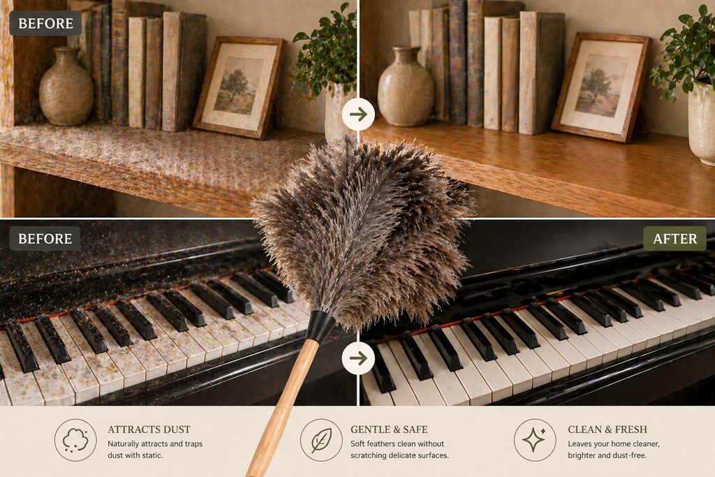 Before and after comparison of a dusting tool cleaning a piano.