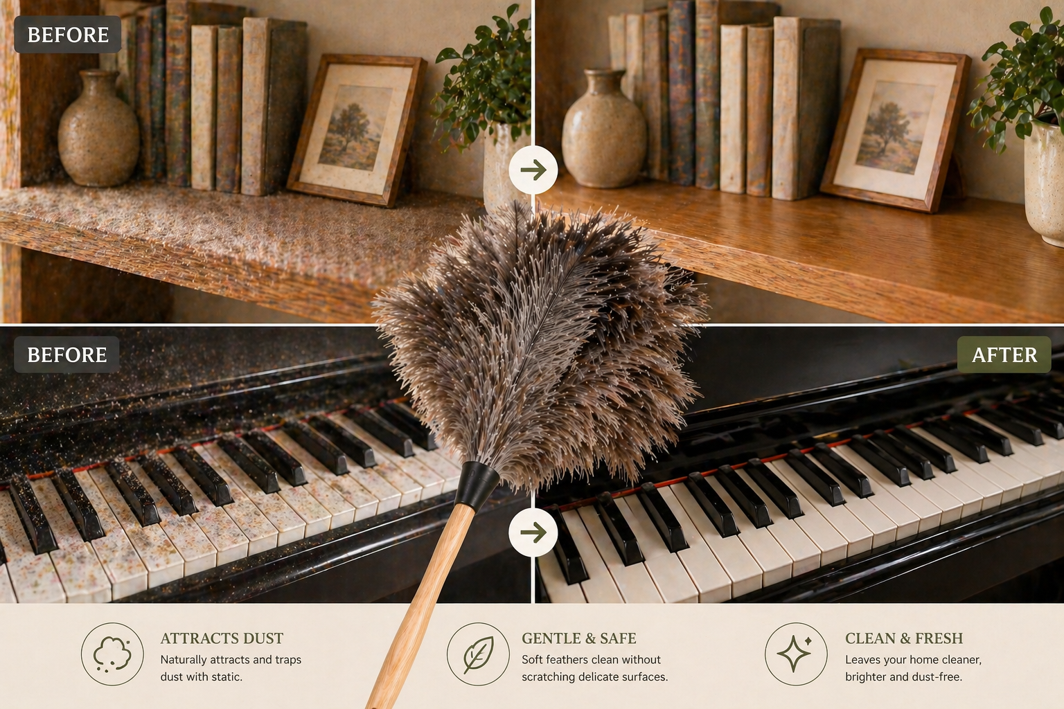 Before and after comparison of a dusting tool cleaning a piano.