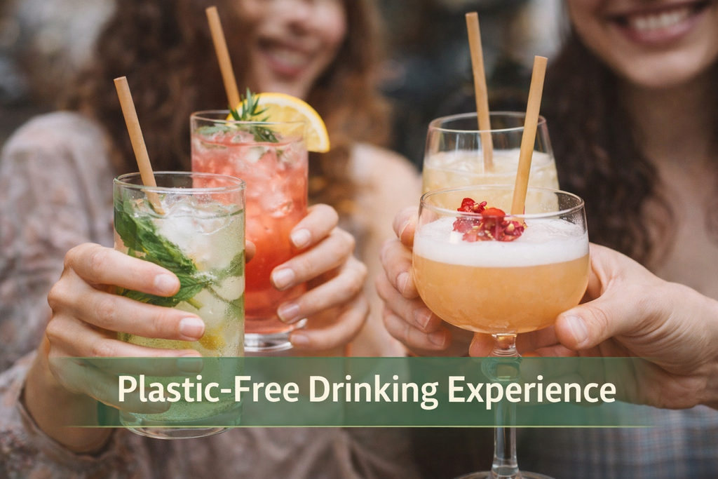 Two people holding drinks with straws, promoting a plastic-free drinking experience.