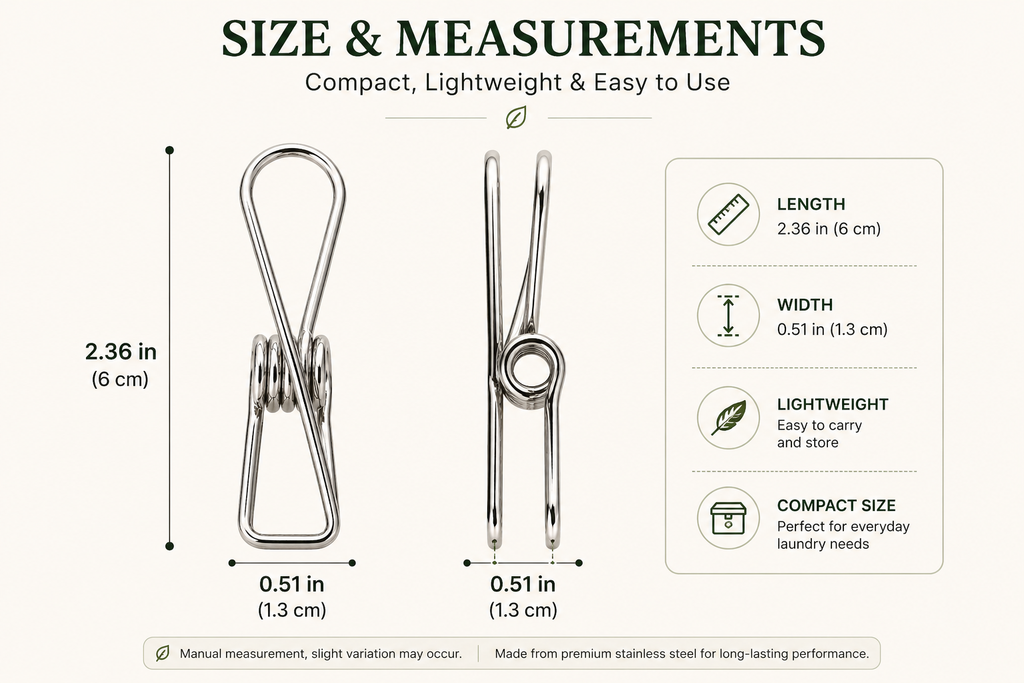 Measurement chart for a metal clip with dimensions and features listed.