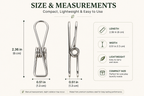 Measurement chart for a metal clip with dimensions and features listed.