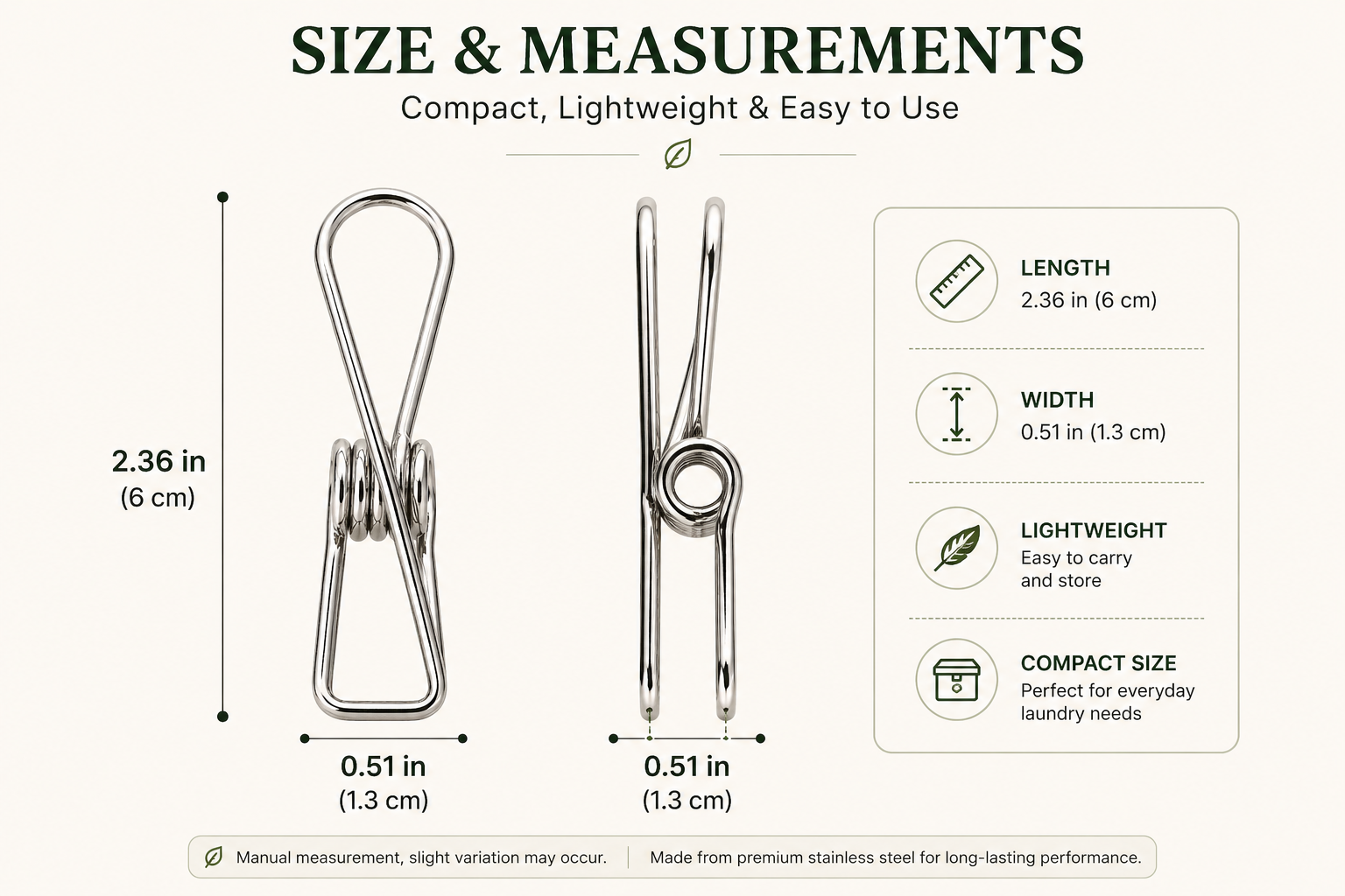 Measurement chart for a metal clip with dimensions and features listed.
