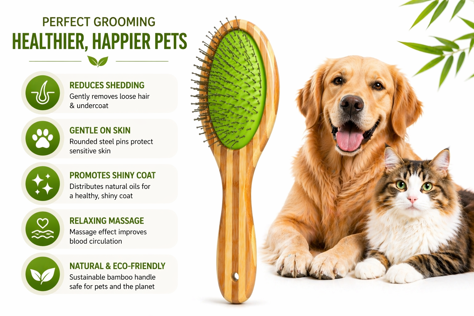 Pet grooming brush with a dog and cat, and text about its benefits.