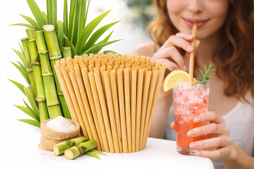 Bowl of sugar cane straws with a woman drinking a pink iced drink, surrounded by greenery.