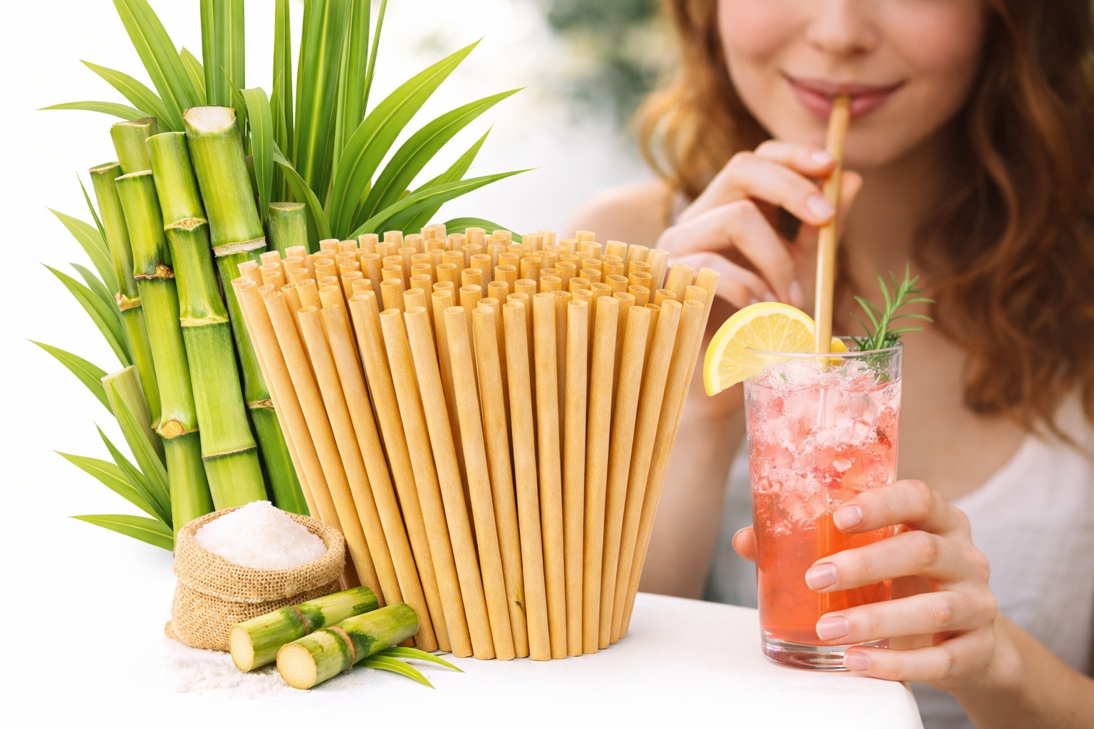 Bowl of sugar cane straws with a woman drinking a pink iced drink, surrounded by greenery.