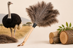 Ostrich next to a feather duster with logs and plants on a beige background