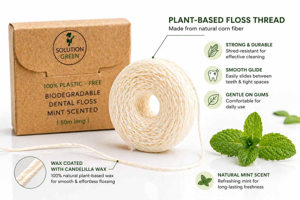 Biodegradable dental floss with packaging and mint leaves on a white background