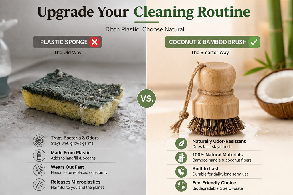Comparison of plastic sponge and coconut & bamboo brush for cleaning routine.