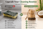 Comparison of plastic sponge and coconut & bamboo brush for cleaning routine.
