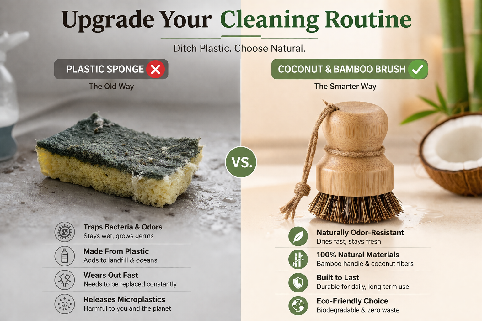 Comparison of plastic sponge and coconut & bamboo brush for cleaning routine.