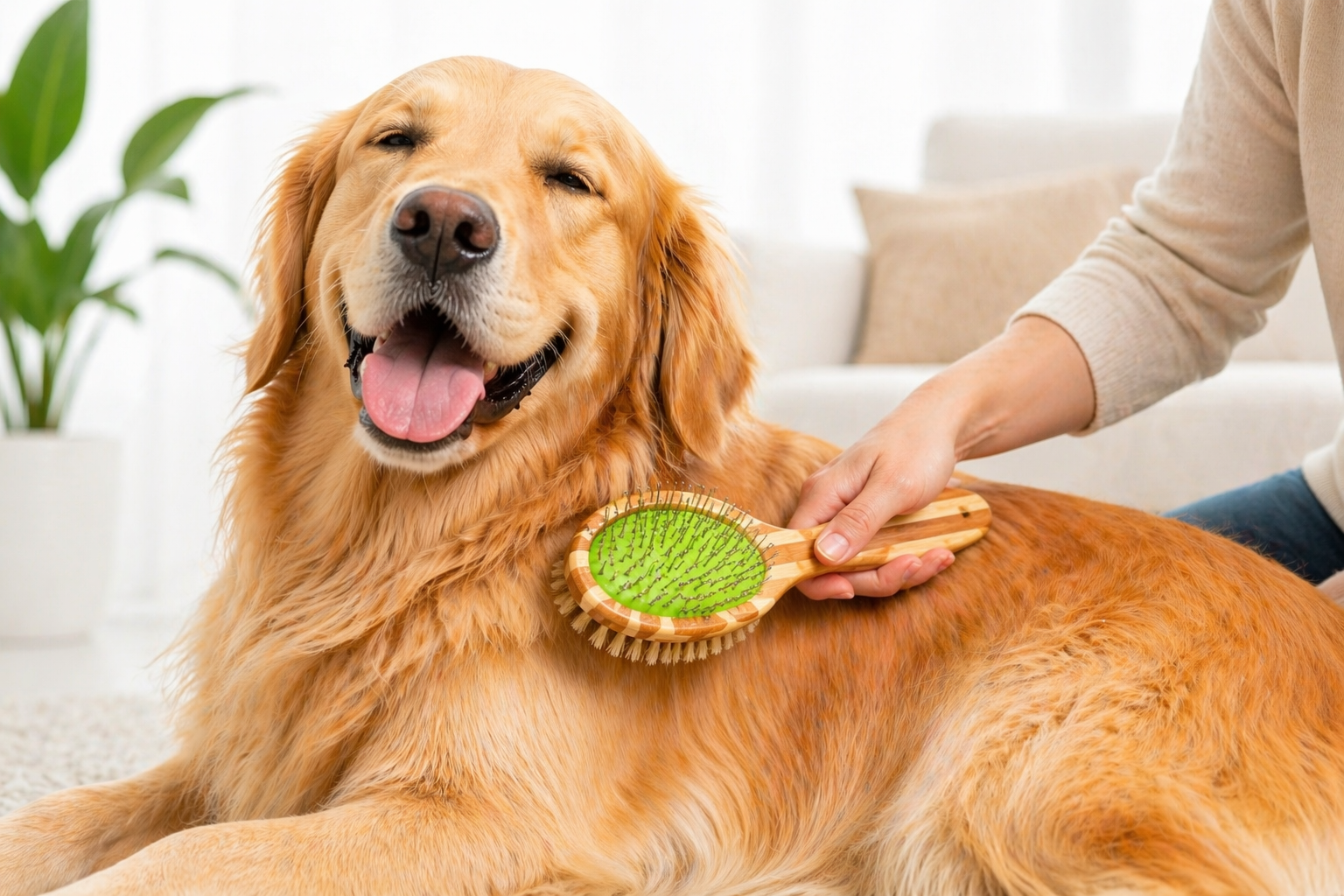 Dog being groomed with a brush by a person in a living room setting