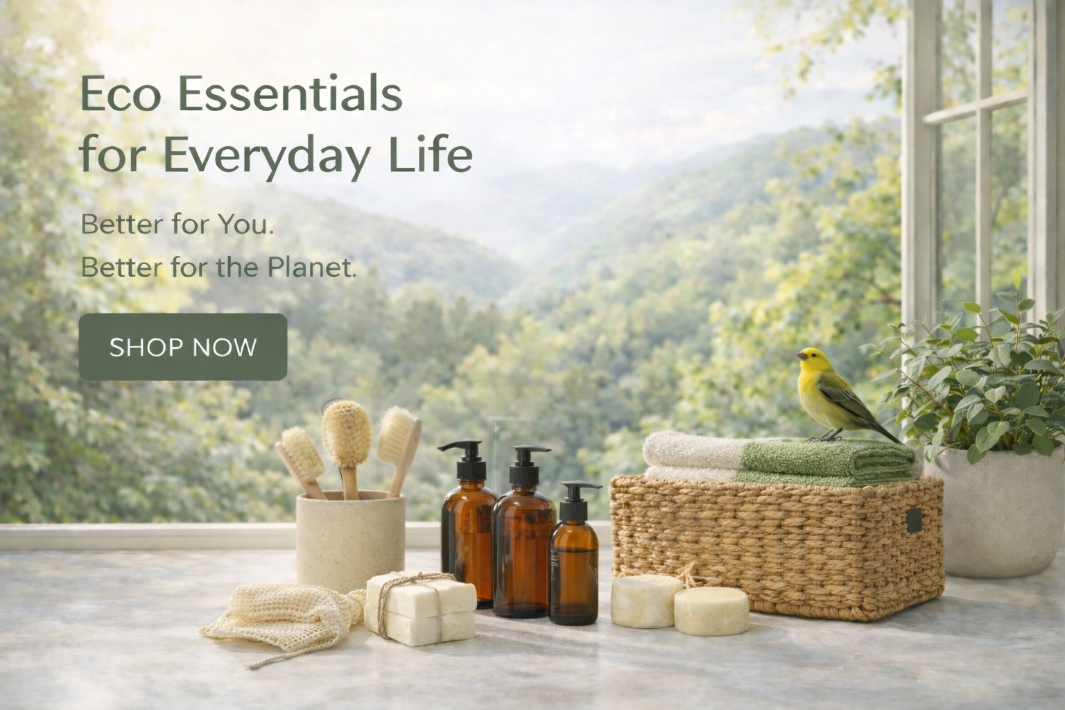 Eco-friendly products on a windowsill with a scenic background