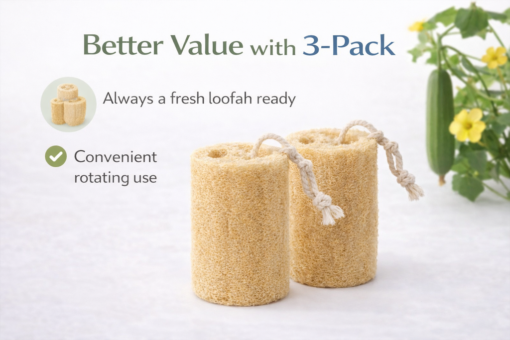 Two loofahs with a rope, labeled 'Better Value with 3-Pack', on a white background with a cucumber and flowers.