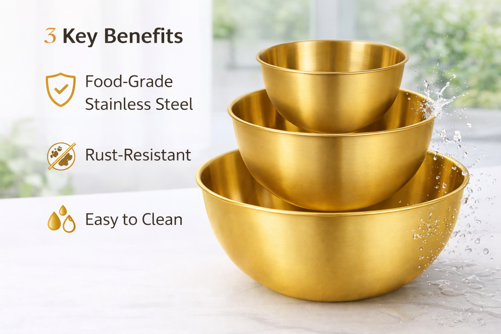 Set of three gold mixing bowls with key benefits listed on a light background