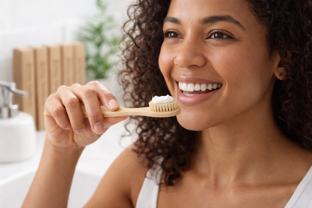 Woman holding a wooden toothbrush with toothpaste in a bathroom setting