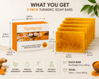 Turmeric soap bars with packaging and dimensions on a light background