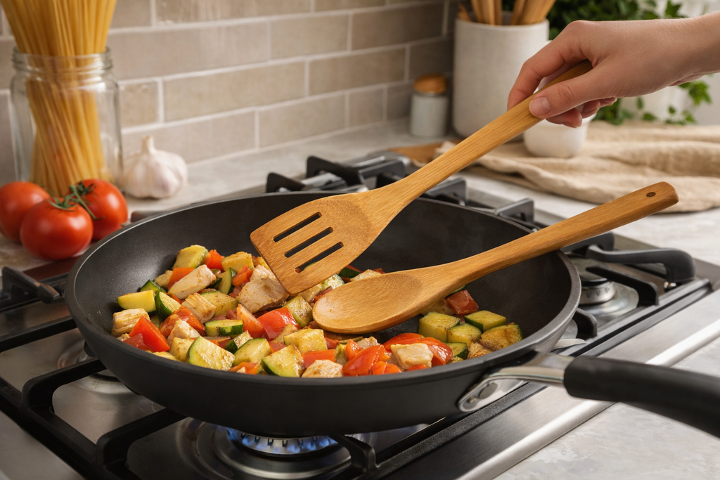 Person cooking vegetables in a pan on a stove with wooden utensils.