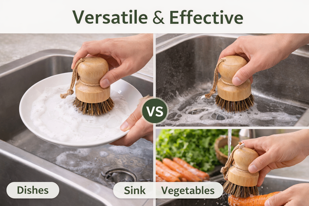Hand using a wooden dish brush to clean dishes, sink, and vegetables with text 'Versatile & Effective'.