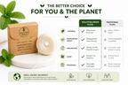 Sustainable dental floss packaging with greenery and comparison chart.