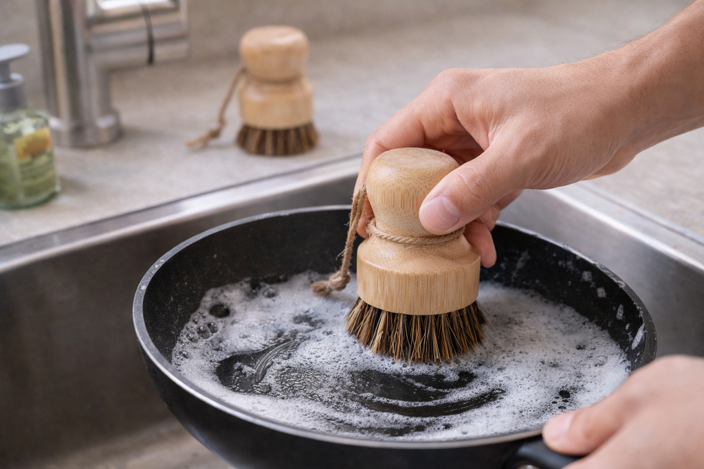 Person cleaning a frying pan with a wooden scrubber in a kitchen sink.