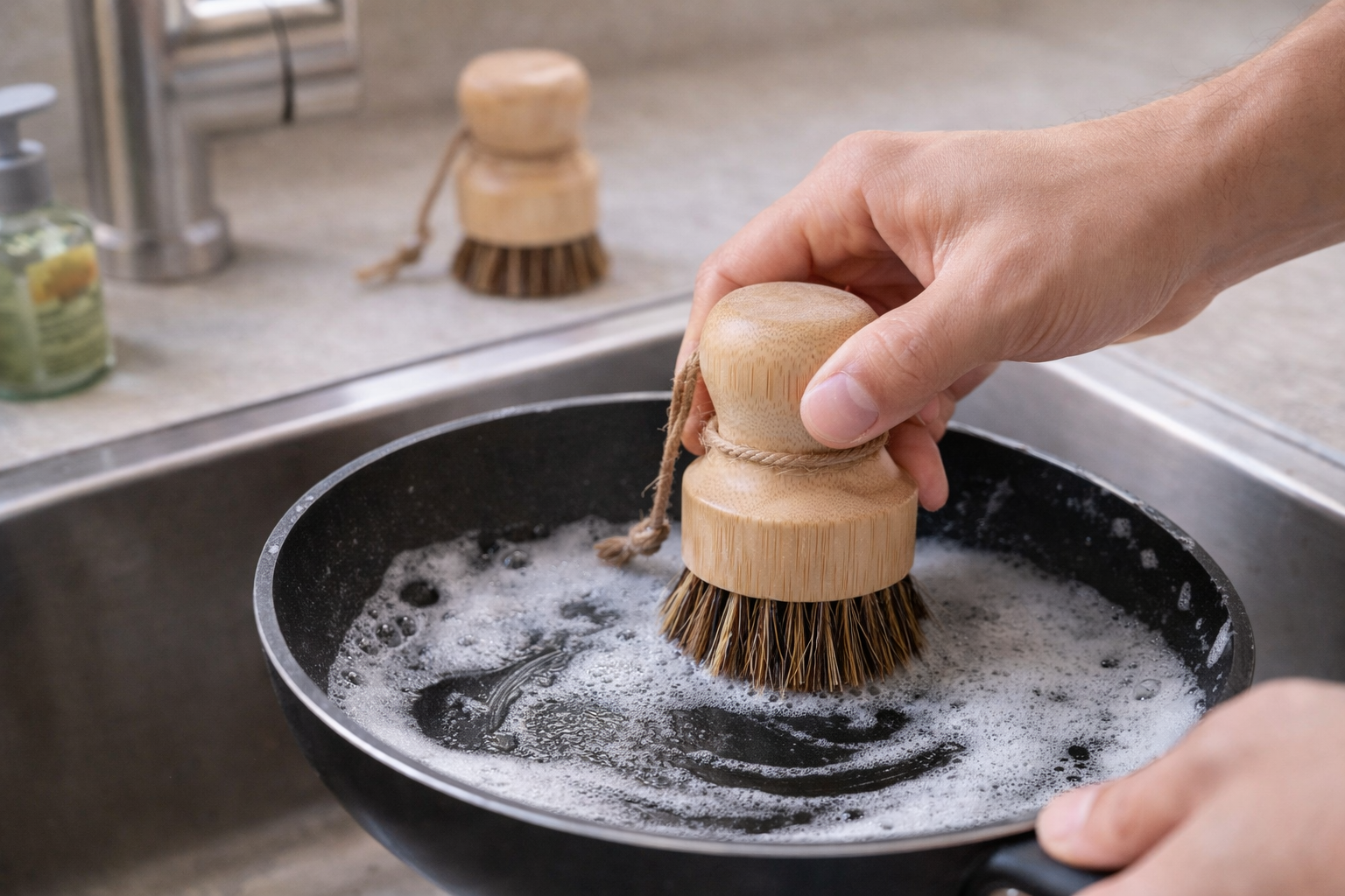 Person cleaning a frying pan with a wooden scrubber in a kitchen sink.