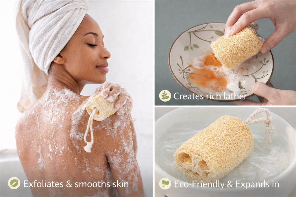 Woman using a natural sponge on her skin with text highlighting its benefits.