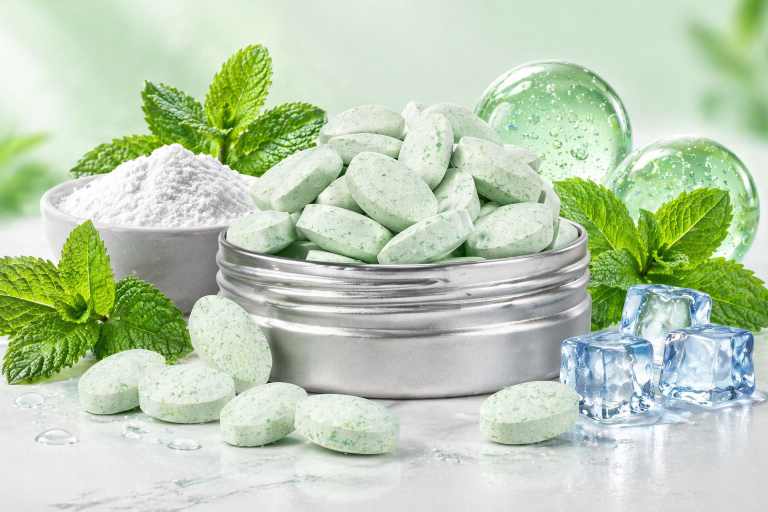 Green mint candies in a silver container with mint leaves and ice cubes on a light background