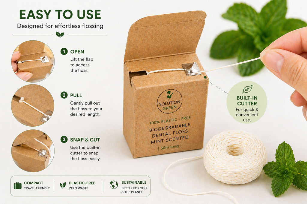 Biodegradable dental floss with packaging and mint leaves on a white background