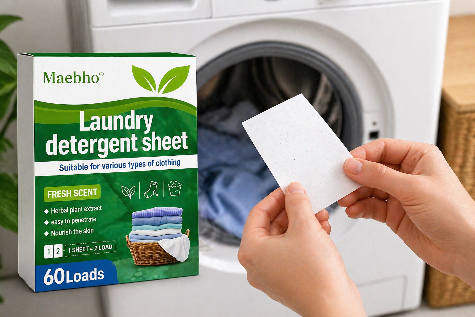 Person holding a laundry detergent sheet with Maebho packaging in front of a washing machine.