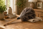 Cleaning tool on a wooden surface with plants and decor in the background