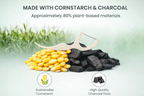Cornstarch and charcoal with text about plant-based materials on a natural background