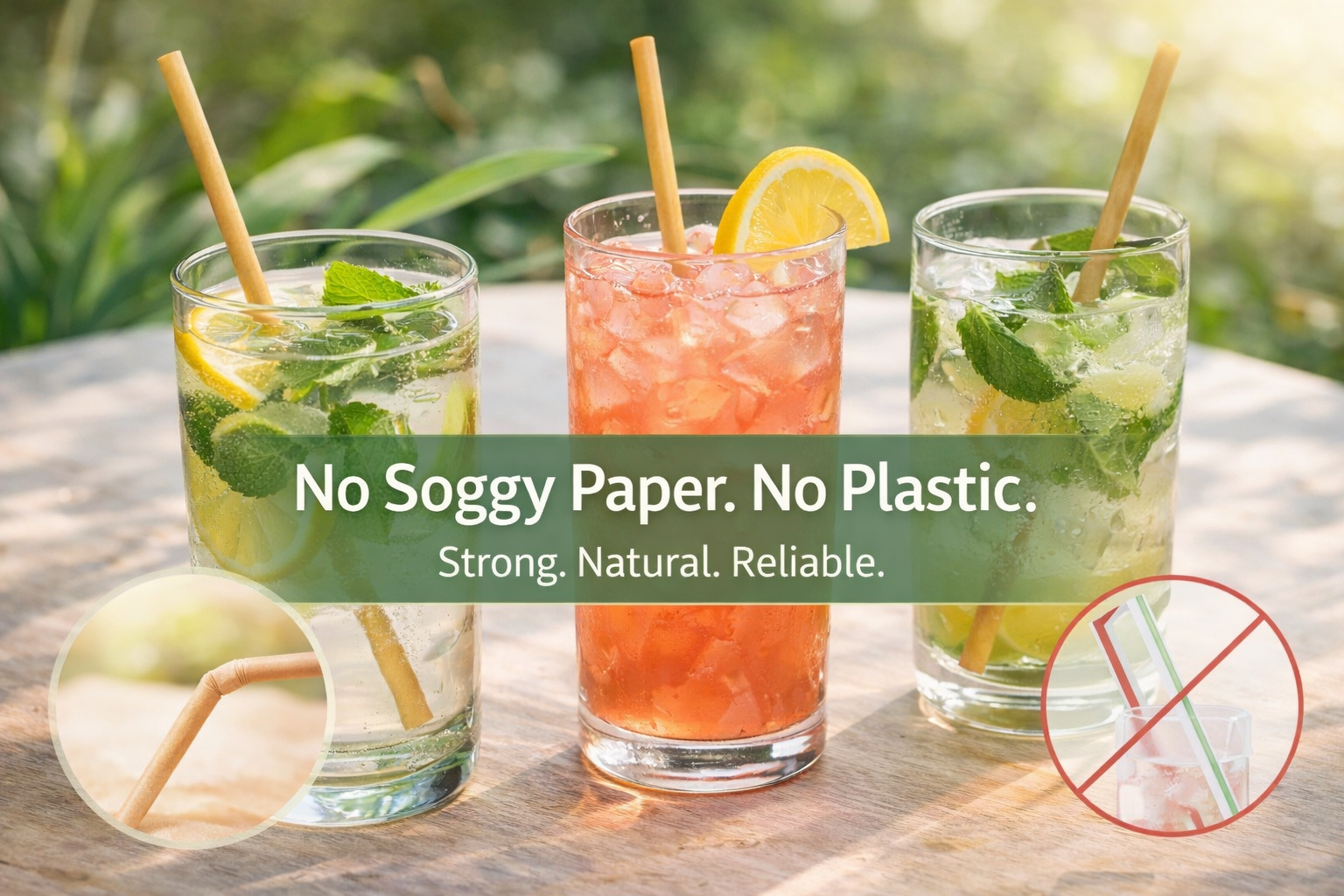 Three glasses of iced drinks with straws on a wooden surface, promoting no soggy paper and no plastic.