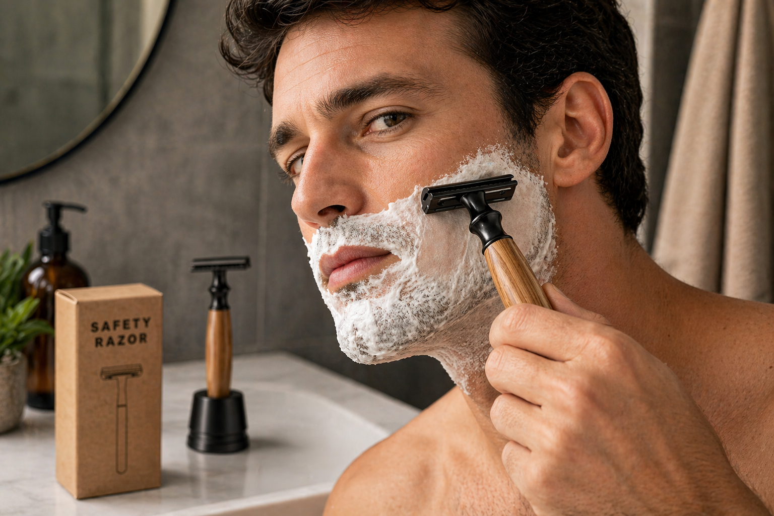 Man shaving with a safety razor in a bathroom setting