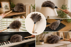 Collage of a feather duster being used on various surfaces including a lamp, piano, and table.