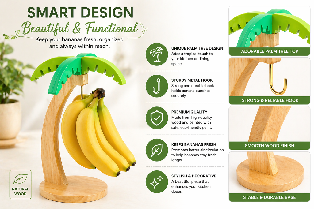 Banana holder with palm tree design, featuring bananas and text about its features.