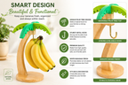 Banana holder with palm tree design, featuring bananas and text about its features.