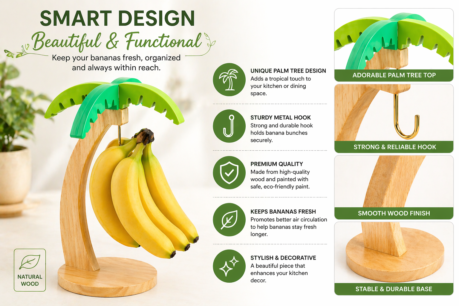 Banana holder with palm tree design, featuring bananas and text about its features.