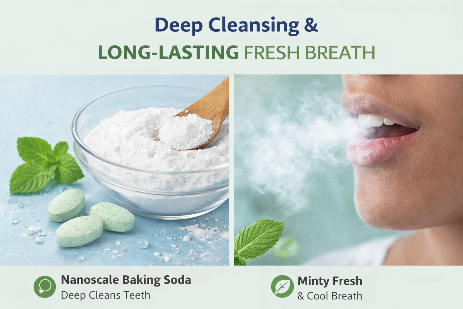 Product advertisement for baking soda with mint leaves, showing dental benefits and minty fresh sensation.