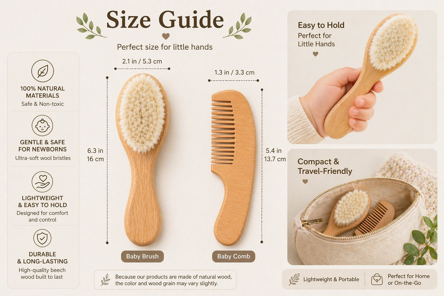 Size guide for wooden baby brush and comb with measurements and features.