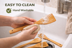 Person washing wooden utensils with a sponge under running water in a sink, with text 'EASY TO CLEAN' and 'Hand Washable'.