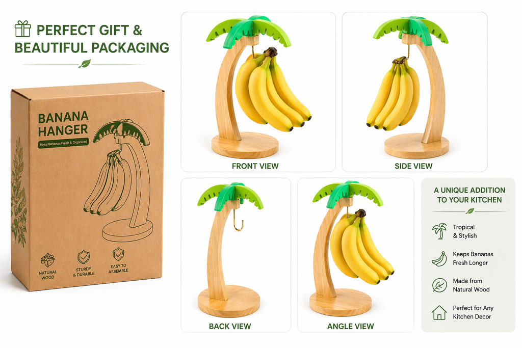 Banana hanger with packaging and multiple views on a white background