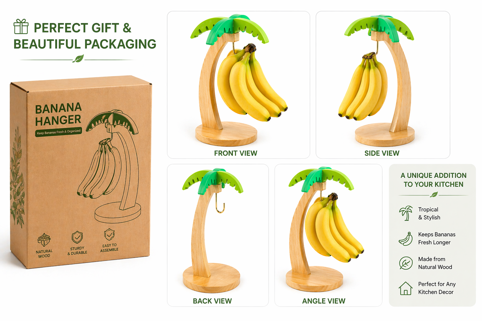 Banana hanger with packaging and multiple views on a white background