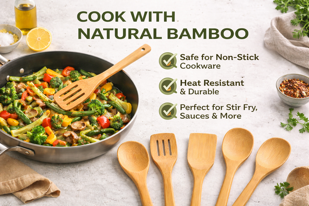 Bamboo cookware set with a pan of stir-fry vegetables and text highlighting benefits.