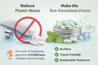 Promotional graphic for eco-friendly toothpaste packaging with text and images of toothpaste and mint leaves.