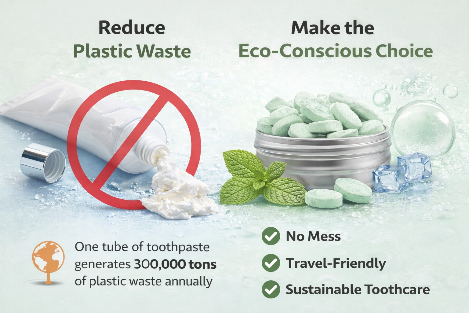 Promotional graphic for eco-friendly toothpaste packaging with text and images of toothpaste and mint leaves.