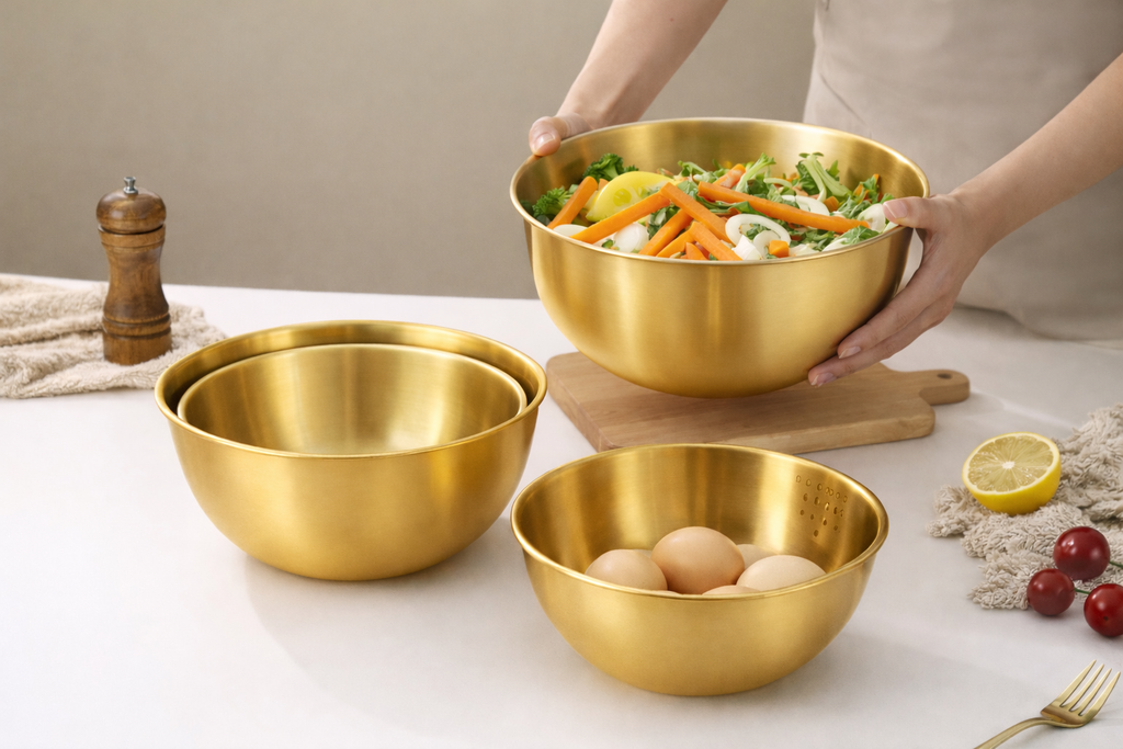 Set of gold bowls on a table with vegetables and eggs