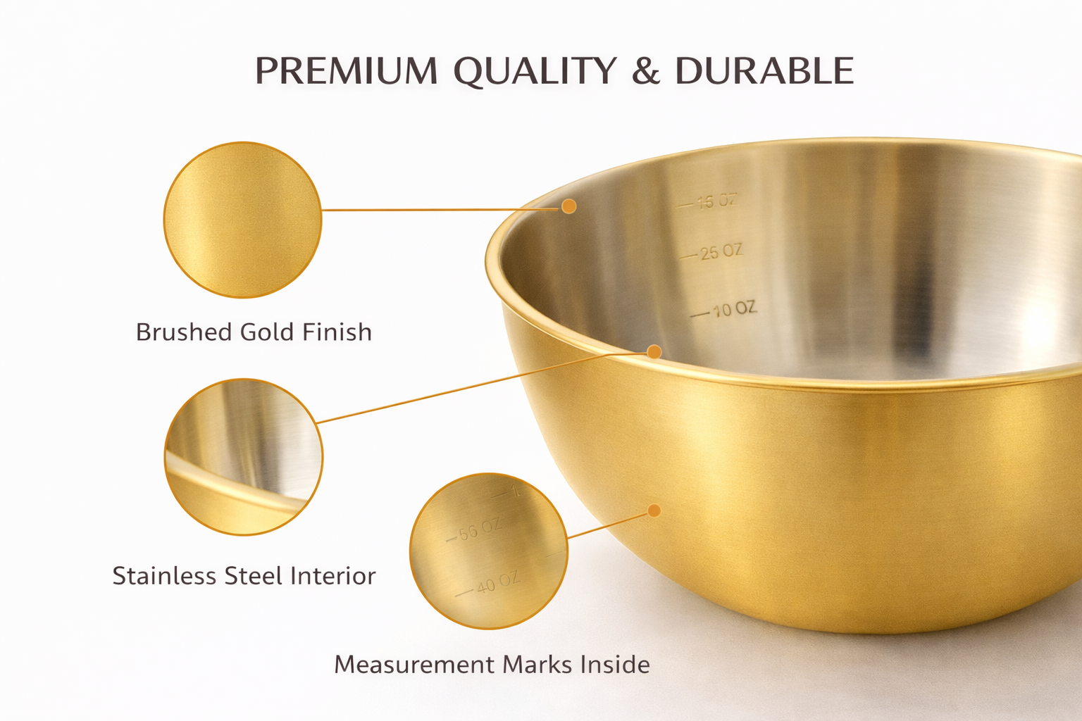 Gold mixing bowl with stainless steel interior, measurement marks, and labeled features on a white background.